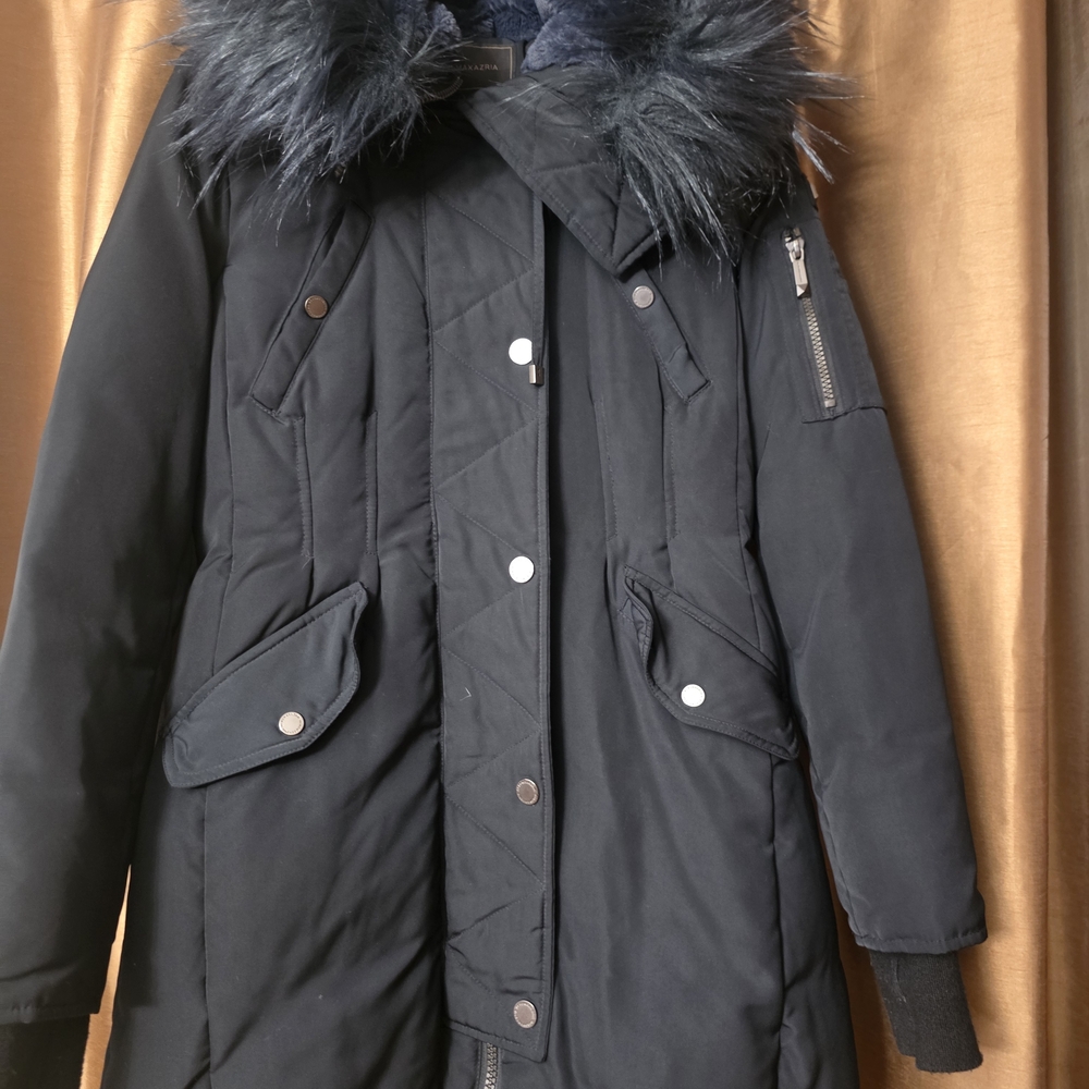 BCBGMAXAZRIA Black Puffer Coat with Faux Fur Trim